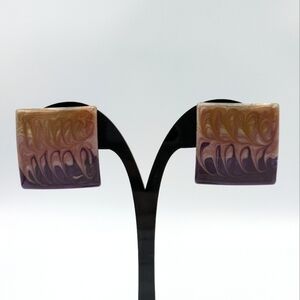 Vintage retro large square enamel earrings with pink, purple, and gold enamel